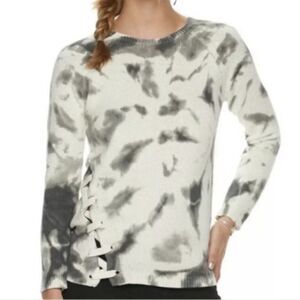 Rock & Republic Sweater White and Gray Tie Dyed Side Lace Up Detail Size XS